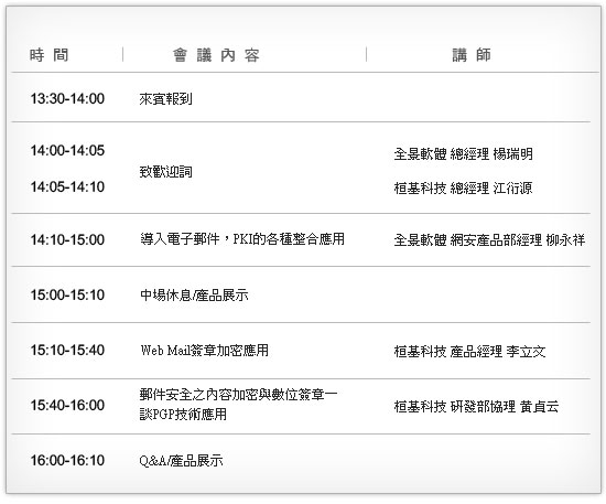 開啟全方位郵件安全新紀元– 探討PGP、PKI郵件加密技術研討會--議程
